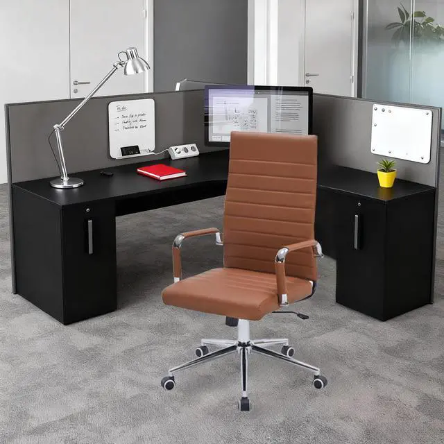 Alt view image 7 of 7 - Brown Leather Ribbed Office High-Back Desk Conference Chairs with Wheels | Ergonomic High-Back Executive Chairs with Wheels Adjustable Swivel Computer Task Desk Chair with Arms and Thick Padded Seat