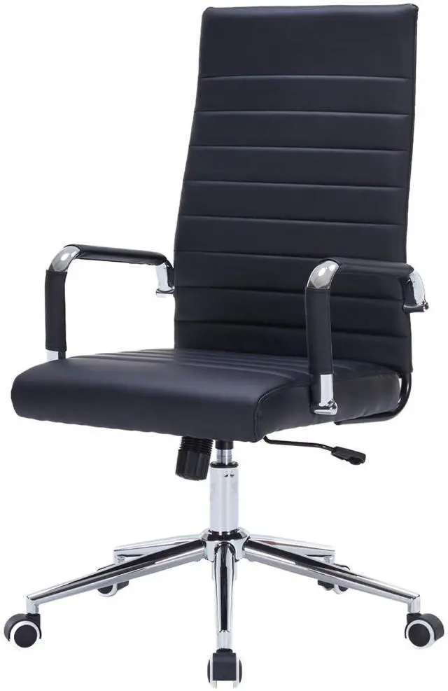 Main image of Black Leather Ribbed Office High-Back Desk Conference Chairs with Wheels | Ergonomic High-Back Executive Chairs with Wheels Adjustable Swivel Computer Task Desk Chair with Arms and Thick Padded Seat