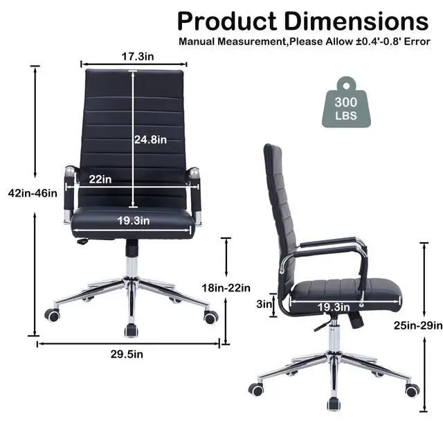 Alt view image 3 of 7 - Black Leather Ribbed Office High-Back Desk Conference Chairs with Wheels | Ergonomic High-Back Executive Chairs with Wheels Adjustable Swivel Computer Task Desk Chair with Arms and Thick Padded Seat