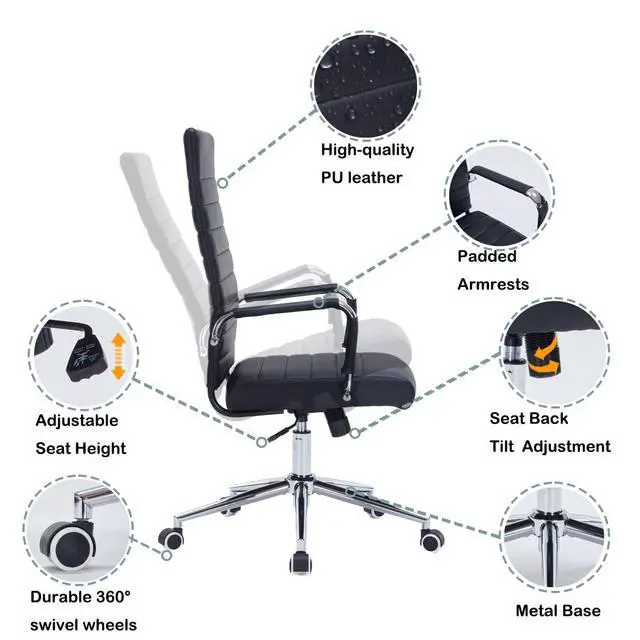 Alt view image 5 of 7 - Black Leather Ribbed Office High-Back Desk Conference Chairs with Wheels | Ergonomic High-Back Executive Chairs with Wheels Adjustable Swivel Computer Task Desk Chair with Arms and Thick Padded Seat
