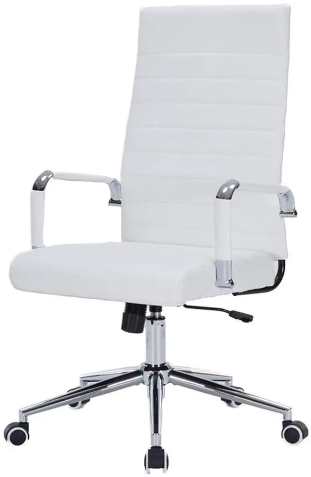 Main image of White Leather Ribbed Office High-Back Desk Conference Chairs with Wheels | Ergonomic High-Back Executive Chairs with Wheels Adjustable Swivel Computer Task Desk Chair with Arms and Thick Padded Seat