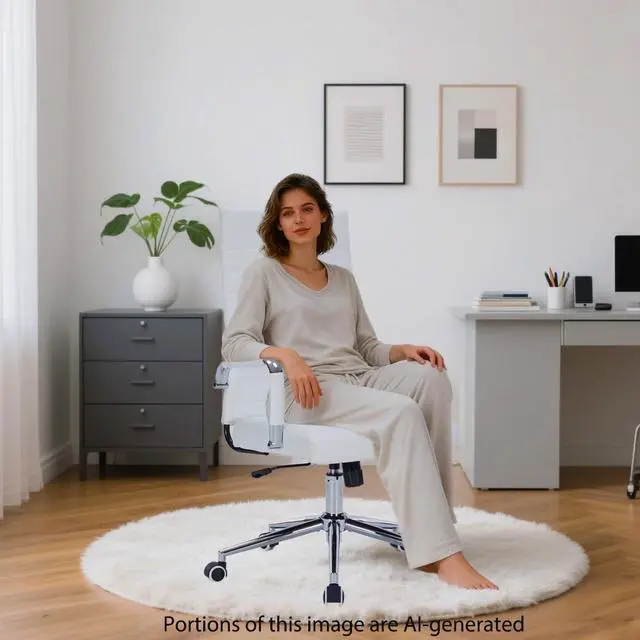 Alt view image 2 of 7 - White Leather Ribbed Office High-Back Desk Conference Chairs with Wheels | Ergonomic High-Back Executive Chairs with Wheels Adjustable Swivel Computer Task Desk Chair with Arms and Thick Padded Seat
