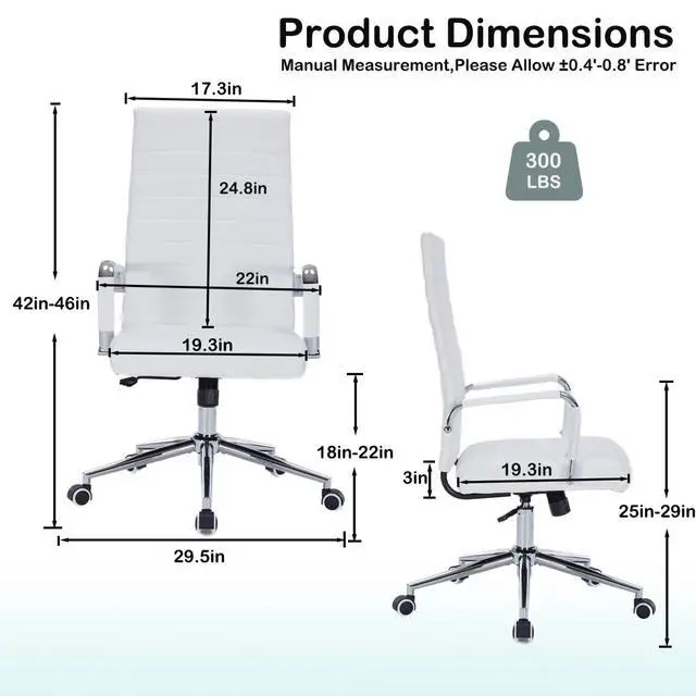 Alt view image 3 of 7 - White Leather Ribbed Office High-Back Desk Conference Chairs with Wheels | Ergonomic High-Back Executive Chairs with Wheels Adjustable Swivel Computer Task Desk Chair with Arms and Thick Padded Seat