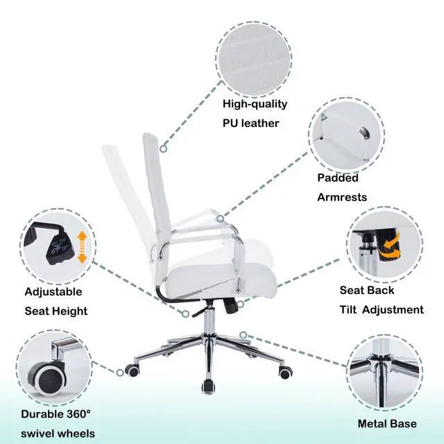 Alt view image 4 of 7 - White Leather Ribbed Office High-Back Desk Conference Chairs with Wheels | Ergonomic High-Back Executive Chairs with Wheels Adjustable Swivel Computer Task Desk Chair with Arms and Thick Padded Seat