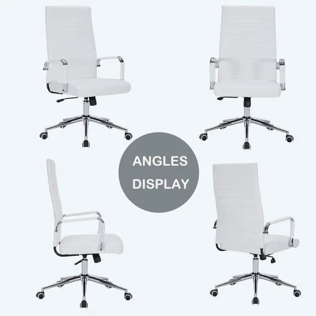 Alt view image 5 of 7 - White Leather Ribbed Office High-Back Desk Conference Chairs with Wheels | Ergonomic High-Back Executive Chairs with Wheels Adjustable Swivel Computer Task Desk Chair with Arms and Thick Padded Seat