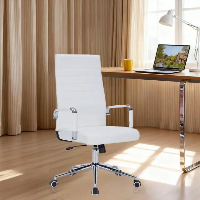 Alt view image 7 of 7 - White Leather Ribbed Office High-Back Desk Conference Chairs with Wheels | Ergonomic High-Back Executive Chairs with Wheels Adjustable Swivel Computer Task Desk Chair with Arms and Thick Padded Seat