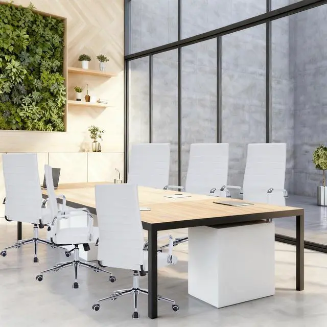 Alt view image 6 of 7 - White Leather Ribbed Office High-Back Desk Conference Chairs with Wheels | Ergonomic High-Back Executive Chairs with Wheels Adjustable Swivel Computer Task Desk Chair with Arms and Thick Padded Seat