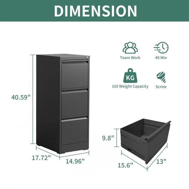 Alt view image 3 of 7 - 3 Drawers Vertical File Cabinet, Metal Filing Cabinets, Black | Lockable File Cabinet for Home Office, Suitable for Storing Legal/Letter Size Hanging File Folders, Anti-Tipping
