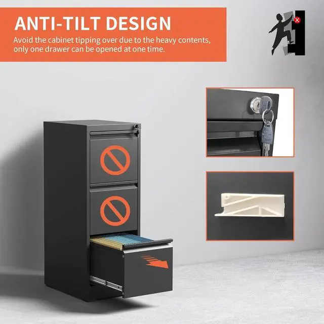Alt view image 4 of 7 - 3 Drawers Vertical File Cabinet, Metal Filing Cabinets, Black | Lockable File Cabinet for Home Office, Suitable for Storing Legal/Letter Size Hanging File Folders, Anti-Tipping