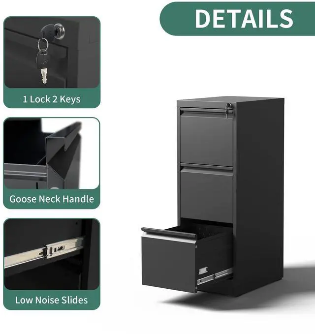 Alt view image 5 of 7 - 3 Drawers Vertical File Cabinet, Metal Filing Cabinets, Black | Lockable File Cabinet for Home Office, Suitable for Storing Legal/Letter Size Hanging File Folders, Anti-Tipping