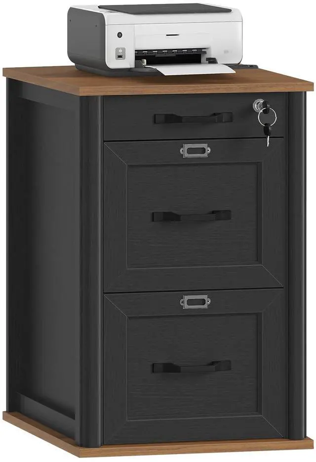 Main image of 3 Drawer File Cabinet with Lock, Wooden Farmhouse Filing Cabinet with Storage Fits Letter and A4 Size, Vertical Printer Stand for Home Office, Rustic Brown and Black