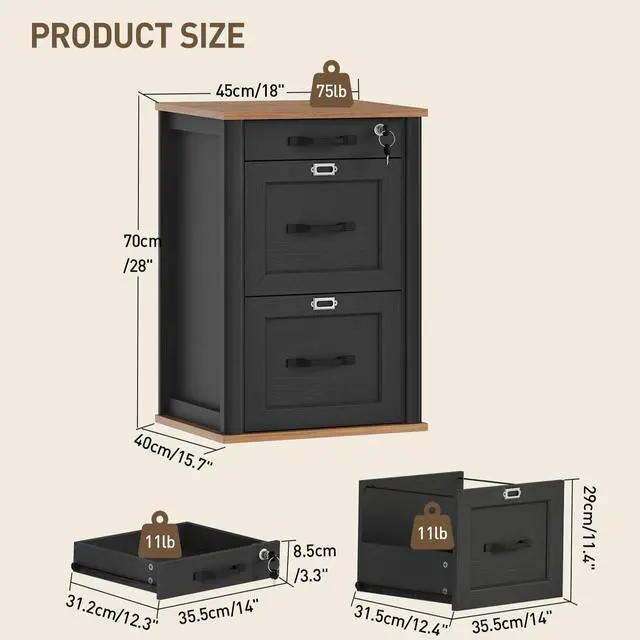 Alt view image 3 of 7 - 3 Drawer File Cabinet with Lock, Wooden Farmhouse Filing Cabinet with Storage Fits Letter and A4 Size, Vertical Printer Stand for Home Office, Rustic Brown and Black