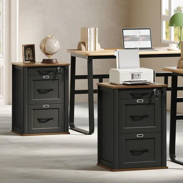 Alt view image 7 of 7 - 3 Drawer File Cabinet with Lock, Wooden Farmhouse Filing Cabinet with Storage Fits Letter and A4 Size, Vertical Printer Stand for Home Office, Rustic Brown and Black