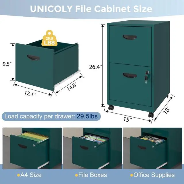 Alt view image 3 of 7 - 2 Drawer File Cabinet with Lock,Metal Filing Cabinets with Wheels | Rolling File Cabinets for Home Office, Office File Cabinet, Mobile Filing Cabinet for Holding Letters and File Boxes,Green