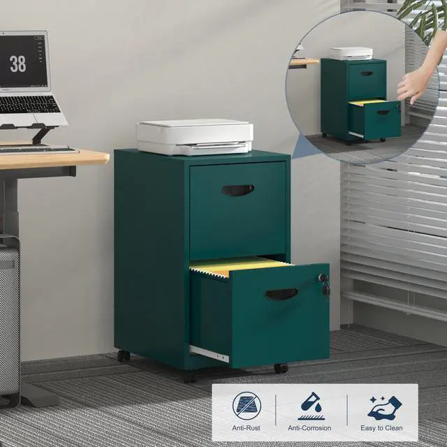 Alt view image 4 of 7 - 2 Drawer File Cabinet with Lock,Metal Filing Cabinets with Wheels | Rolling File Cabinets for Home Office, Office File Cabinet, Mobile Filing Cabinet for Holding Letters and File Boxes,Green