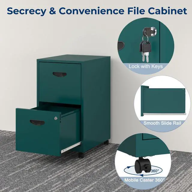 Alt view image 5 of 7 - 2 Drawer File Cabinet with Lock,Metal Filing Cabinets with Wheels | Rolling File Cabinets for Home Office, Office File Cabinet, Mobile Filing Cabinet for Holding Letters and File Boxes,Green