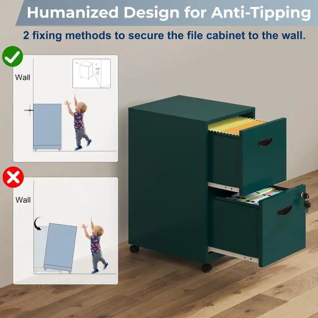 Alt view image 6 of 7 - 2 Drawer File Cabinet with Lock,Metal Filing Cabinets with Wheels | Rolling File Cabinets for Home Office, Office File Cabinet, Mobile Filing Cabinet for Holding Letters and File Boxes,Green