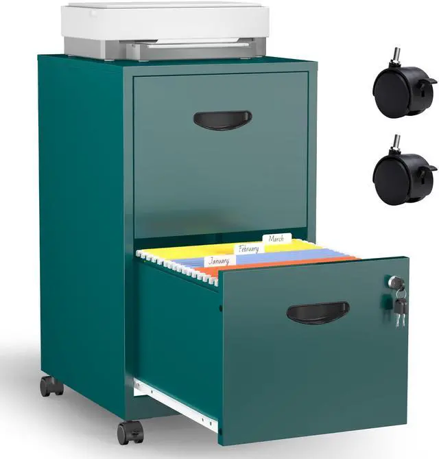 Main image of Metal 2 Drawer File Cabinet with Lock & Wheels for Office, Green | Small Mobile File Cabinets for Home Office, Under Desk Vertical Rolling File Cabinet Fit Hanging Files, Letter & A4 Documents