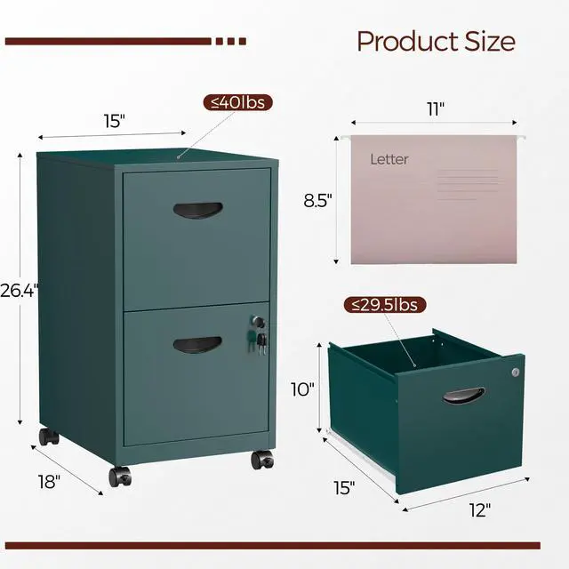 Alt view image 3 of 7 - Metal 2 Drawer File Cabinet with Lock & Wheels for Office, Green | Small Mobile File Cabinets for Home Office, Under Desk Vertical Rolling File Cabinet Fit Hanging Files, Letter & A4 Documents
