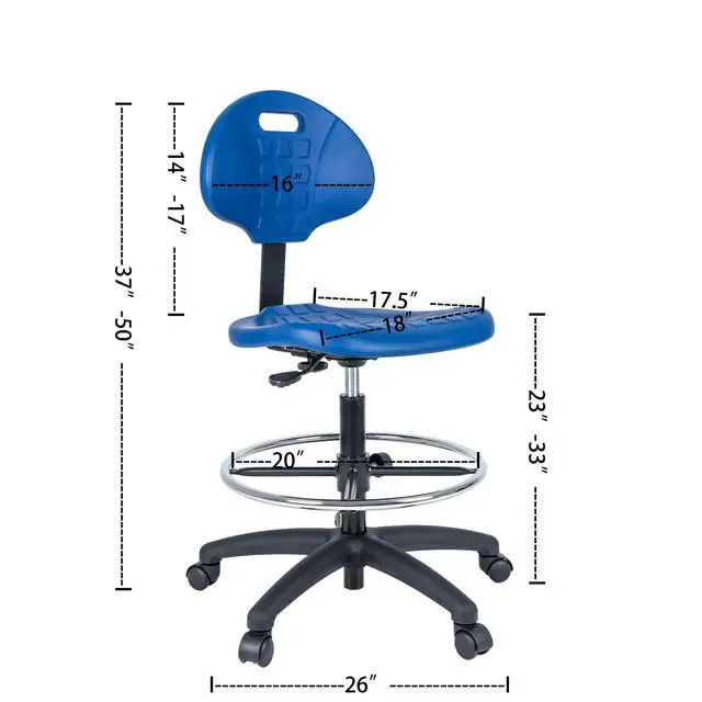 Alt view image 2 of 6 - Drafting Stool Blue- Easy to Clean! Quick Ship. Ergonomic Polyurethane Chair. Seat Height Adjustable (23"-33") Heavy Duty Adjustable Footring for Home, Automotive, Lab, Cleanroom (Blue)