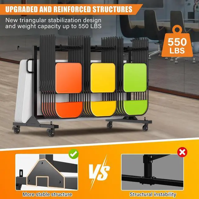 Alt view image 2 of 7 - Folding Chair Rack for 12 Tables or 42 Chairs | Heavy-Duty Chair Cart with 550 LBS Capacity, 30 Chair Covers, Wheels, Elastic Cords and Cover, Glossy Black