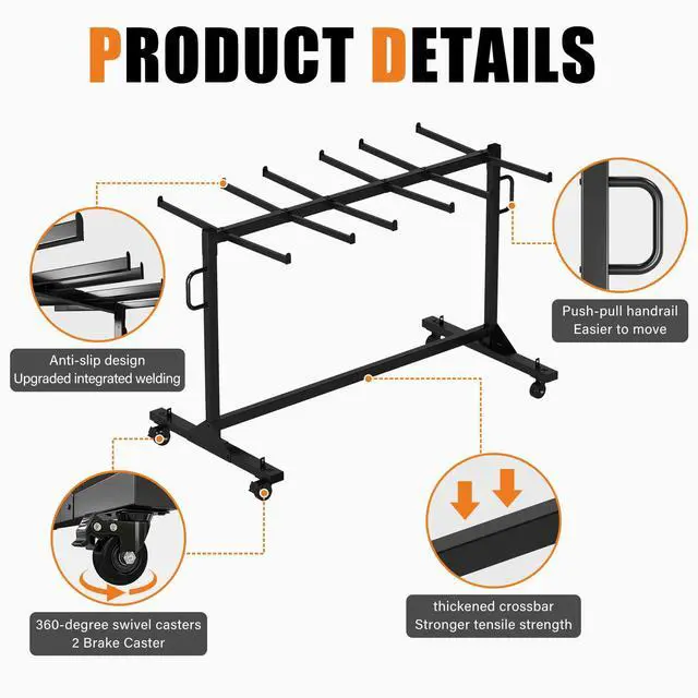 Alt view image 4 of 7 - Folding Chair Rack for 12 Tables or 42 Chairs | Heavy-Duty Chair Cart with 550 LBS Capacity, 30 Chair Covers, Wheels, Elastic Cords and Cover, Glossy Black