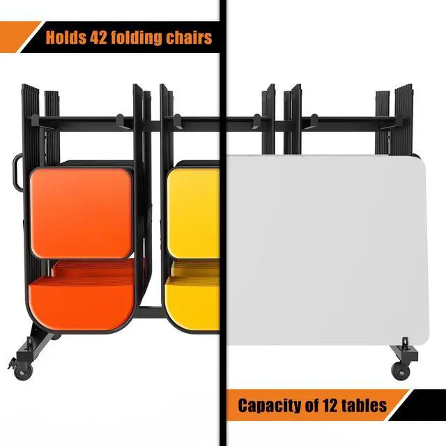Alt view image 5 of 7 - Folding Chair Rack for 12 Tables or 42 Chairs | Heavy-Duty Chair Cart with 550 LBS Capacity, 30 Chair Covers, Wheels, Elastic Cords and Cover, Glossy Black