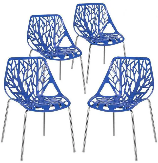 Main image of Modern Stackable Dining Chair 4 Pack, Stacking Outdoor Chairs, Blue | Plastic Birch Sapling Chairs, Plastic Outdoor Patio Decorative Chairs, Multiple Use for Dining Living Room, Easy to Install
