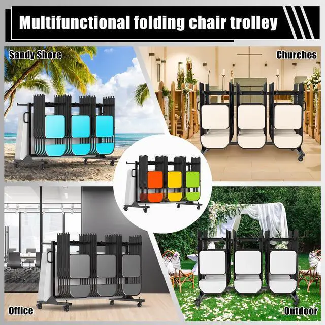 Alt view image 6 of 7 - Folding Chair Rack for 12 Tables or 42 Chairs | Heavy-Duty Chair Cart with 550 LBS Capacity, 30 Chair Covers, Wheels, Elastic Cords and Cover, Glossy Black