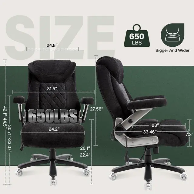 Alt view image 2 of 7 - 650lbs Big and Tall Office Chair with Thick Spring Cushion,5D Flip Arm Ergonomic Executive Office Chair Adjustable Lumbar Airbag&Extra Wide,Comfy Large Padded Heavy Duty Game Chair,Blackcloth