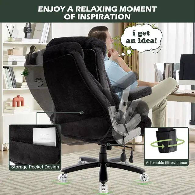 Alt view image 5 of 7 - 650lbs Big and Tall Office Chair with Thick Spring Cushion,5D Flip Arm Ergonomic Executive Office Chair Adjustable Lumbar Airbag&Extra Wide,Comfy Large Padded Heavy Duty Game Chair,Blackcloth