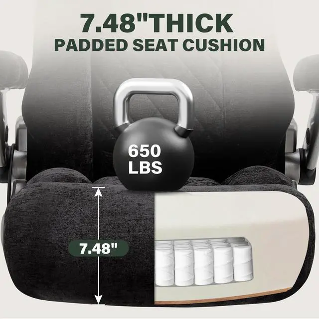 Alt view image 7 of 7 - 650lbs Big and Tall Office Chair with Thick Spring Cushion,5D Flip Arm Ergonomic Executive Office Chair Adjustable Lumbar Airbag&Extra Wide,Comfy Large Padded Heavy Duty Game Chair,Blackcloth