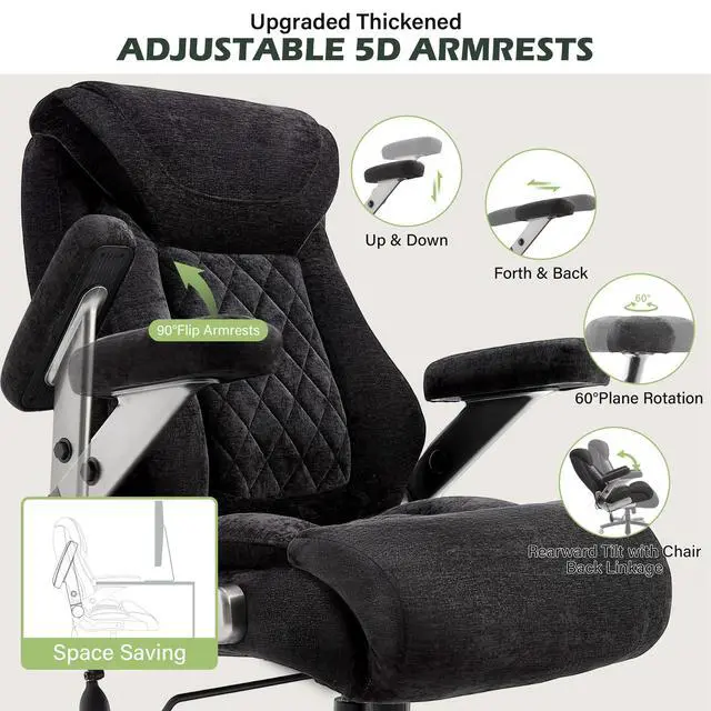 Alt view image 4 of 7 - 650lbs Big and Tall Office Chair with Thick Spring Cushion,5D Flip Arm Ergonomic Executive Office Chair Adjustable Lumbar Airbag&Extra Wide,Comfy Large Padded Heavy Duty Game Chair,Blackcloth