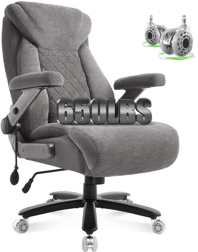 Main image of 650lbs Big and Tall Office Chair with Thick Spring Cushion,5D Flip Arm Ergonomic Executive Office Chair Adjustable Lumbar Airbag&Extra Wide,Comfy Large Padded Heavy Duty Game Chair,Greycloth