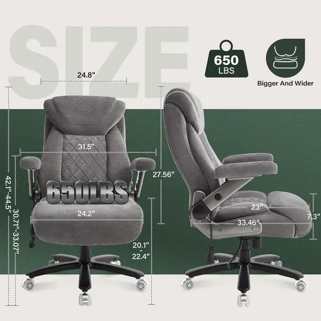 Alt view image 2 of 7 - 650lbs Big and Tall Office Chair with Thick Spring Cushion,5D Flip Arm Ergonomic Executive Office Chair Adjustable Lumbar Airbag&Extra Wide,Comfy Large Padded Heavy Duty Game Chair,Greycloth