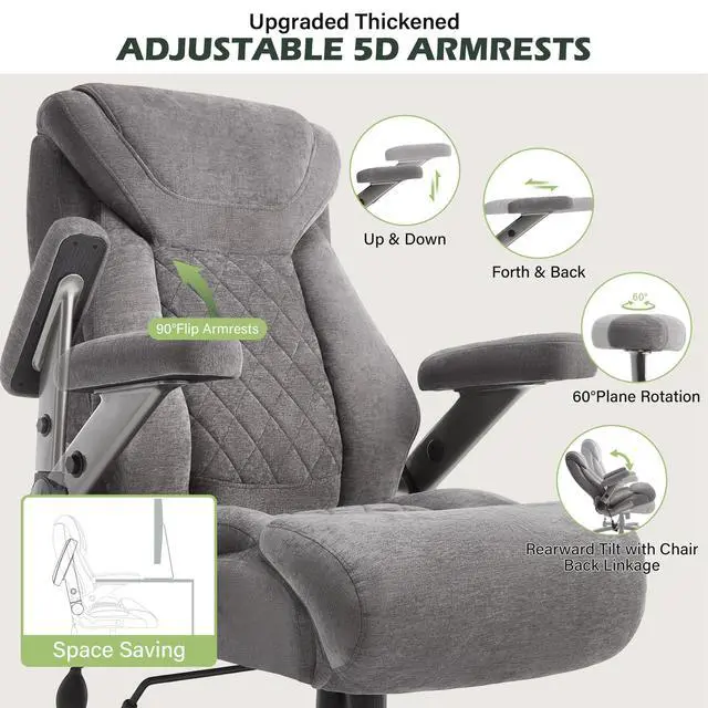 Alt view image 4 of 7 - 650lbs Big and Tall Office Chair with Thick Spring Cushion,5D Flip Arm Ergonomic Executive Office Chair Adjustable Lumbar Airbag&Extra Wide,Comfy Large Padded Heavy Duty Game Chair,Greycloth