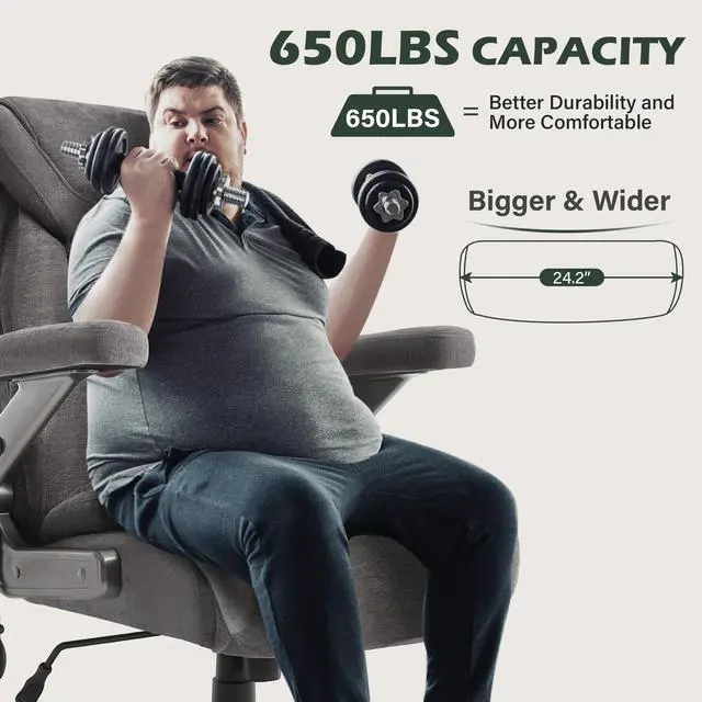 Alt view image 6 of 7 - 650lbs Big and Tall Office Chair with Thick Spring Cushion,5D Flip Arm Ergonomic Executive Office Chair Adjustable Lumbar Airbag&Extra Wide,Comfy Large Padded Heavy Duty Game Chair,Greycloth