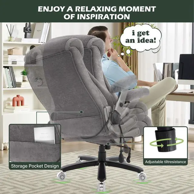 Alt view image 5 of 7 - 650lbs Big and Tall Office Chair with Thick Spring Cushion,5D Flip Arm Ergonomic Executive Office Chair Adjustable Lumbar Airbag&Extra Wide,Comfy Large Padded Heavy Duty Game Chair,Greycloth