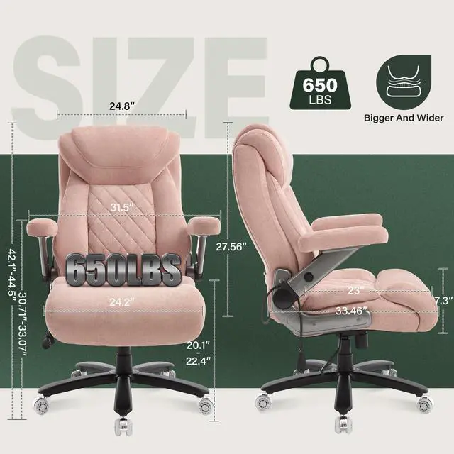 Alt view image 2 of 7 - 650lbs Big and Tall Office Chair with Thick Spring Cushion,5D Flip Arm Ergonomic Executive Office Chair Adjustable Lumbar Airbag&Extra Wide,Comfy Large Padded Heavy Duty Game Chair,Pinkcloth