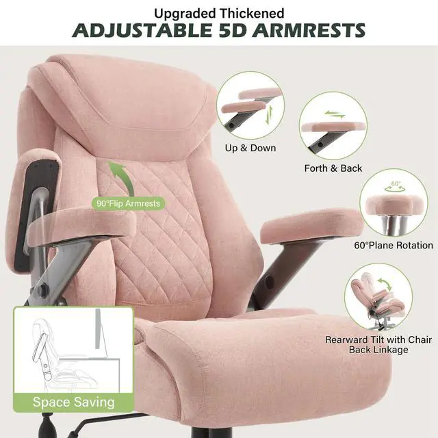 Alt view image 4 of 7 - 650lbs Big and Tall Office Chair with Thick Spring Cushion,5D Flip Arm Ergonomic Executive Office Chair Adjustable Lumbar Airbag&Extra Wide,Comfy Large Padded Heavy Duty Game Chair,Pinkcloth