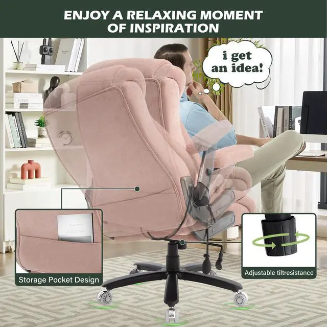 Alt view image 5 of 7 - 650lbs Big and Tall Office Chair with Thick Spring Cushion,5D Flip Arm Ergonomic Executive Office Chair Adjustable Lumbar Airbag&Extra Wide,Comfy Large Padded Heavy Duty Game Chair,Pinkcloth