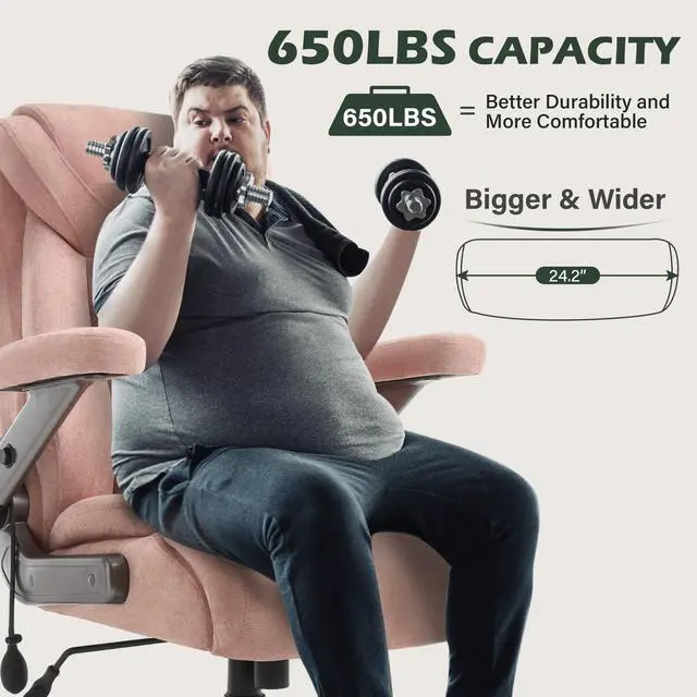 Alt view image 6 of 7 - 650lbs Big and Tall Office Chair with Thick Spring Cushion,5D Flip Arm Ergonomic Executive Office Chair Adjustable Lumbar Airbag&Extra Wide,Comfy Large Padded Heavy Duty Game Chair,Pinkcloth