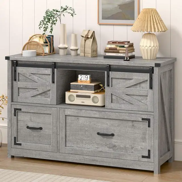 Main image of Lateral File Cabinets 2 Drawer with Sliding Barn Doors, Grey | Farmhouse File Cabinet with 2 drawer for Home OfficeFiling Organization Storage Cabinet for Hanging Files Letter/Legal/F4/A4