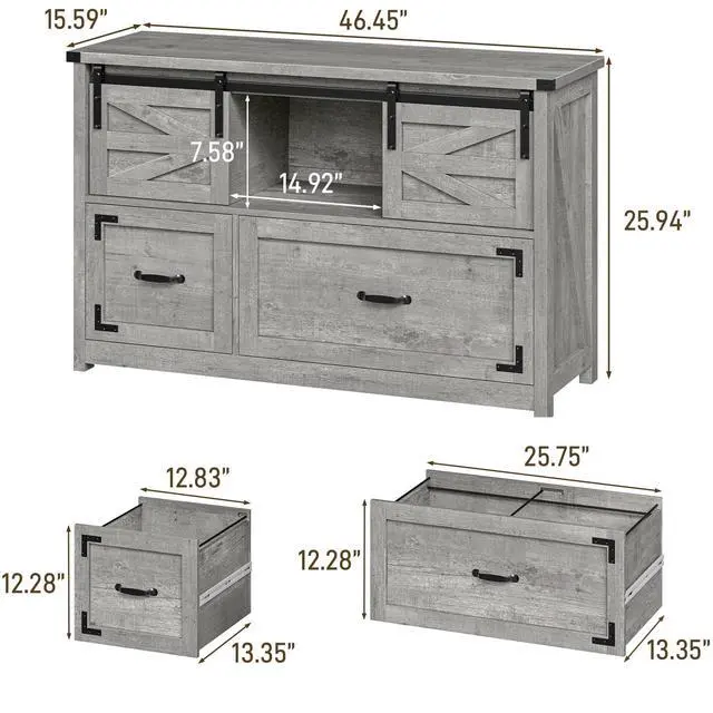 Alt view image 2 of 7 - Lateral File Cabinets 2 Drawer with Sliding Barn Doors, Grey | Farmhouse File Cabinet with 2 drawer for Home OfficeFiling Organization Storage Cabinet for Hanging Files Letter/Legal/F4/A4