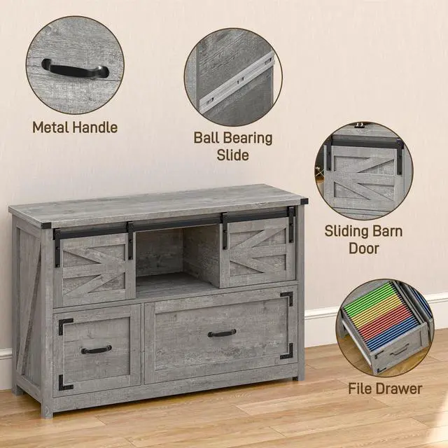 Alt view image 3 of 7 - Lateral File Cabinets 2 Drawer with Sliding Barn Doors, Grey | Farmhouse File Cabinet with 2 drawer for Home OfficeFiling Organization Storage Cabinet for Hanging Files Letter/Legal/F4/A4