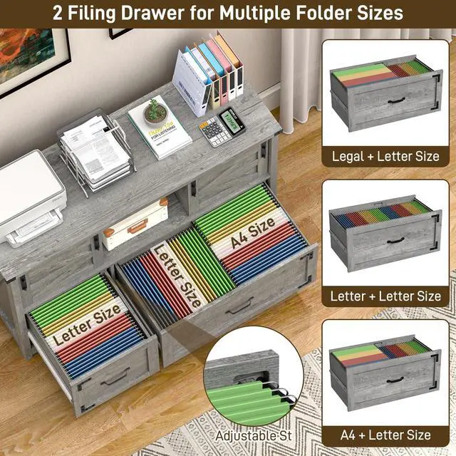 Alt view image 4 of 7 - Lateral File Cabinets 2 Drawer with Sliding Barn Doors, Grey | Farmhouse File Cabinet with 2 drawer for Home OfficeFiling Organization Storage Cabinet for Hanging Files Letter/Legal/F4/A4