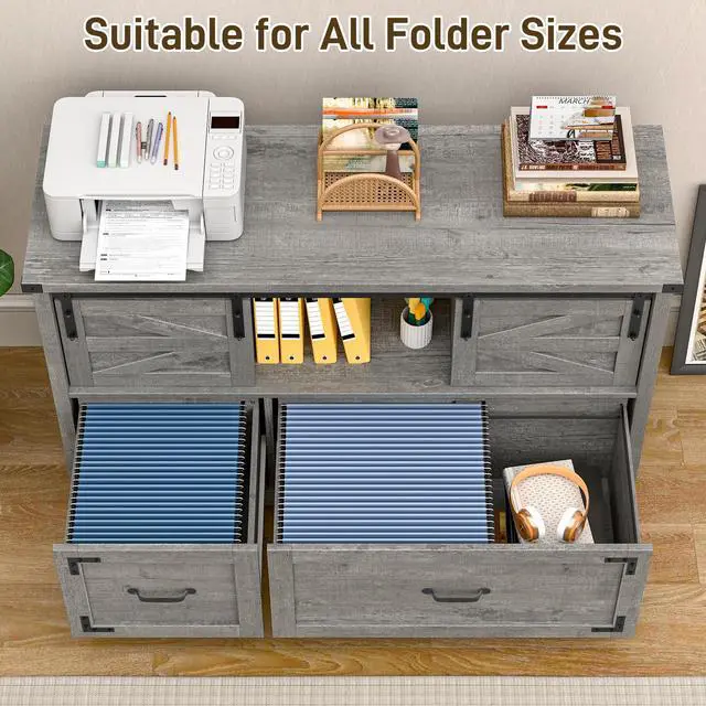 Alt view image 5 of 7 - Lateral File Cabinets 2 Drawer with Sliding Barn Doors, Grey | Farmhouse File Cabinet with 2 drawer for Home OfficeFiling Organization Storage Cabinet for Hanging Files Letter/Legal/F4/A4