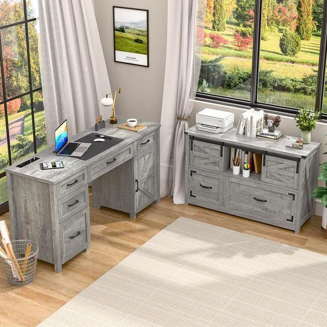 Alt view image 7 of 7 - Lateral File Cabinets 2 Drawer with Sliding Barn Doors, Grey | Farmhouse File Cabinet with 2 drawer for Home OfficeFiling Organization Storage Cabinet for Hanging Files Letter/Legal/F4/A4