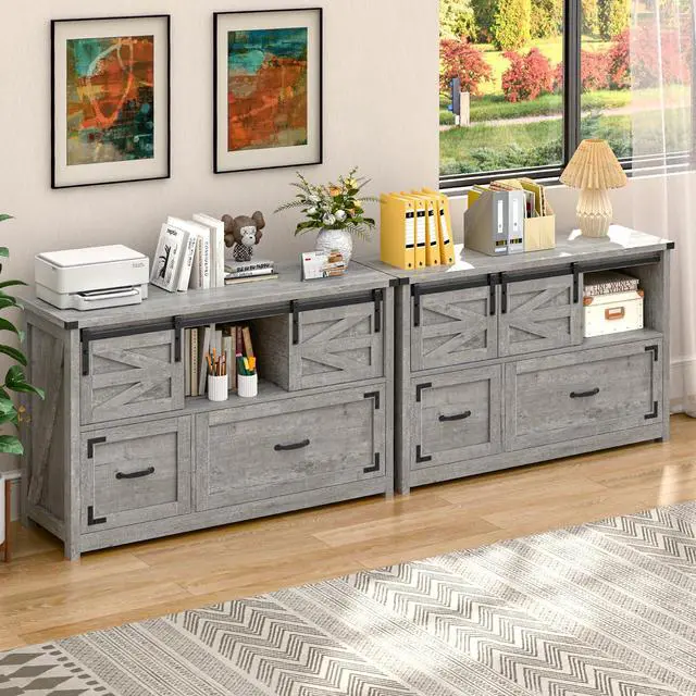 Alt view image 6 of 7 - Lateral File Cabinets 2 Drawer with Sliding Barn Doors, Grey | Farmhouse File Cabinet with 2 drawer for Home OfficeFiling Organization Storage Cabinet for Hanging Files Letter/Legal/F4/A4