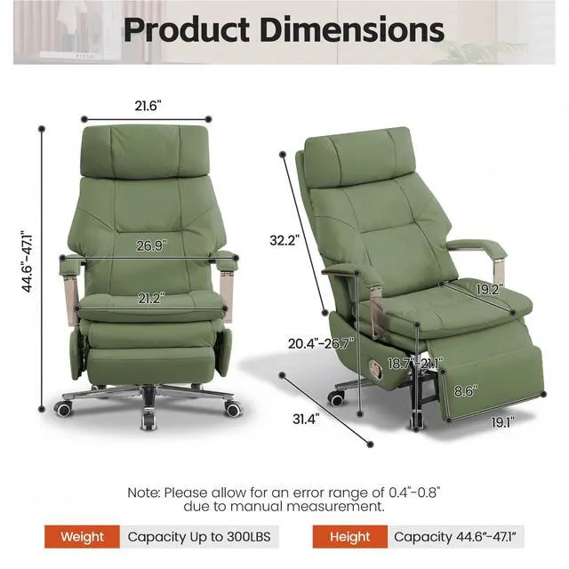 Alt view image 2 of 7 - 360° Swivel Big and Tall Faux Leather Executive Office Chairs, Green | Desk Office Chair with Footrest, Manual 150° Reclining, High Back Cushion, Silent Wheel, Recliner Chairs for Home Office